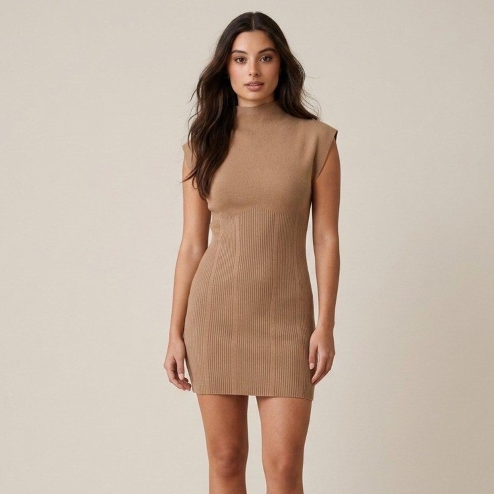 By Anthropologie Cedar Ribbed Knit High Neck‎ Sleeveless Midi Dress XS Brown NEW
